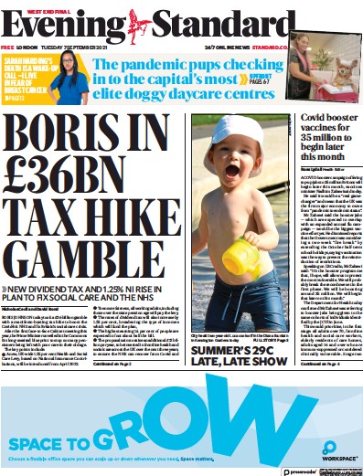 London Evening Standard Newspaper Front Page (UK) for 8 September 2021