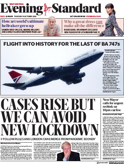 London Evening Standard Newspaper Front Page (UK) for 9 October 2020