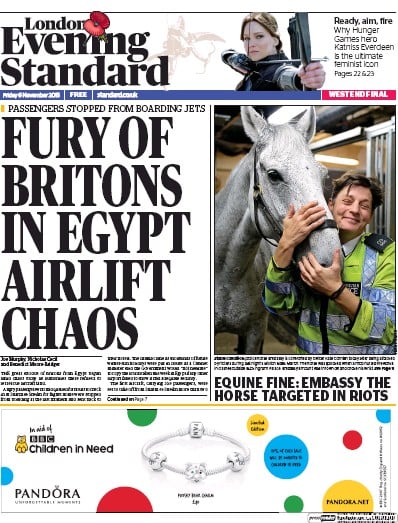 London Evening Standard Newspaper Front Page (UK) for 9 November 2015