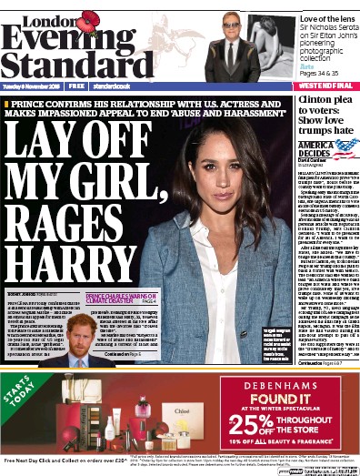 London Evening Standard Newspaper Front Page (UK) for 9 November 2016