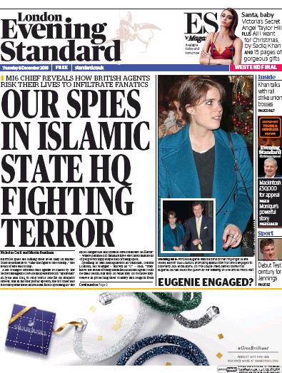 London Evening Standard Newspaper Front Page (UK) for 9 December 2016