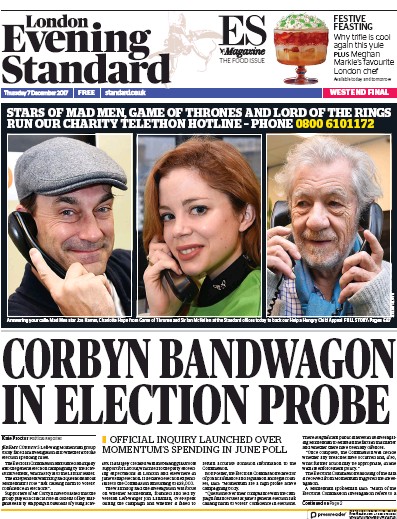 London Evening Standard Newspaper Front Page (UK) for 9 December 2017
