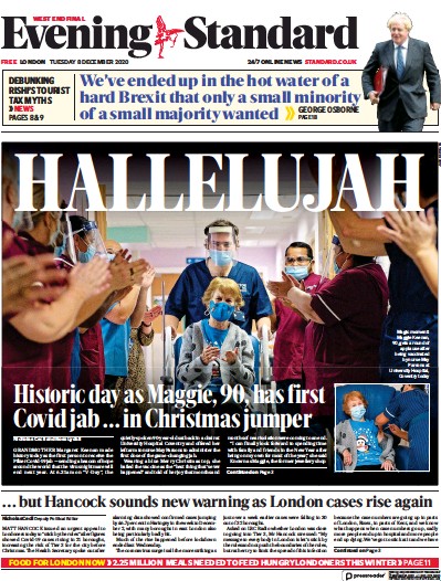 London Evening Standard Newspaper Front Page (UK) for 9 December 2020