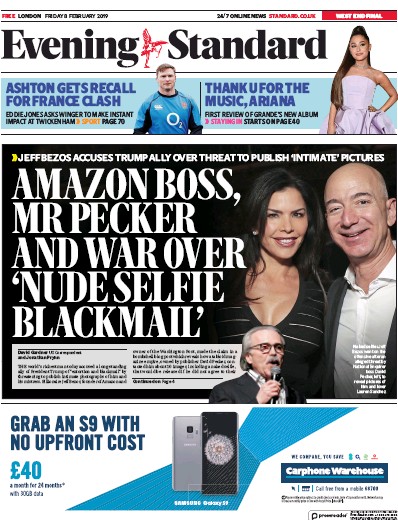 London Evening Standard Newspaper Front Page (UK) for 9 February 2019