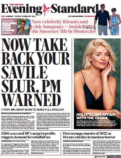 London Evening Standard Newspaper Front Page (UK) for 9 February 2022