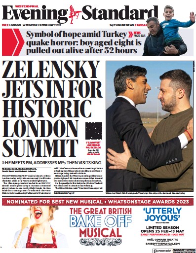 London Evening Standard Newspaper Front Page (UK) for 9 February 2023
