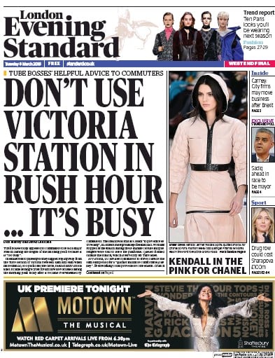 London Evening Standard Newspaper Front Page (UK) for 9 March 2016