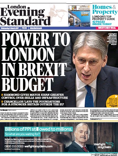 London Evening Standard Newspaper Front Page (UK) for 9 March 2017