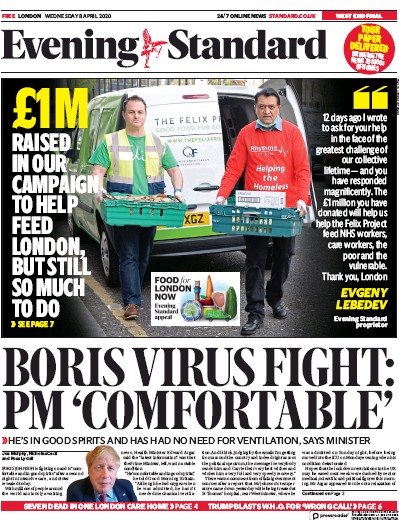 London Evening Standard Newspaper Front Page (UK) for 9 April 2020