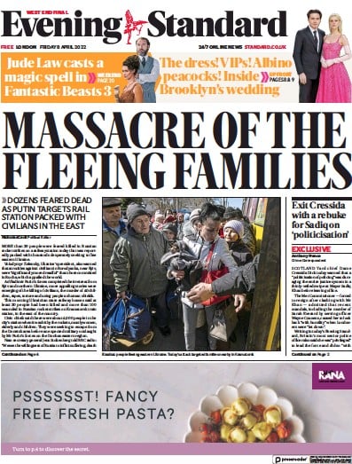 London Evening Standard Newspaper Front Page (UK) for 9 April 2022