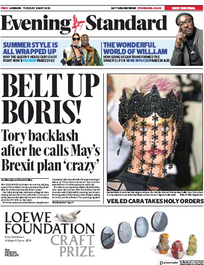 London Evening Standard Newspaper Front Page (UK) for 9 May 2018