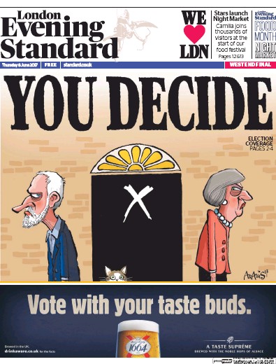 London Evening Standard Newspaper Front Page (UK) for 9 June 2017