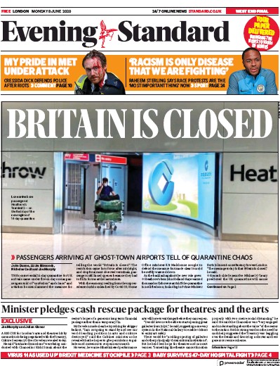 London Evening Standard Newspaper Front Page (UK) for 9 June 2020