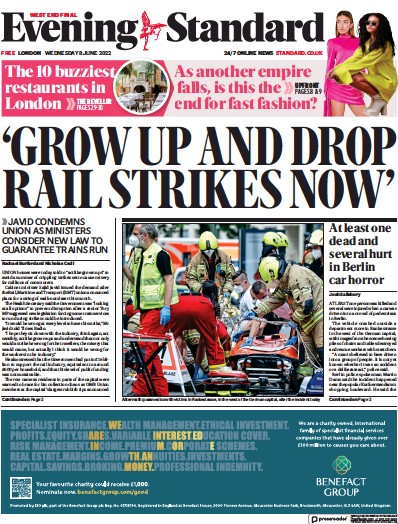 London Evening Standard Newspaper Front Page (UK) for 9 June 2022