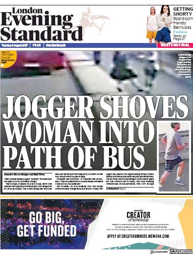 London Evening Standard Newspaper Front Page (UK) for 9 August 2017