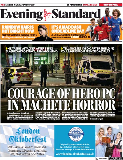 London Evening Standard Newspaper Front Page (UK) for 9 August 2019