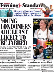 London Evening Standard (UK) Newspaper Front Page for 9 August 2021