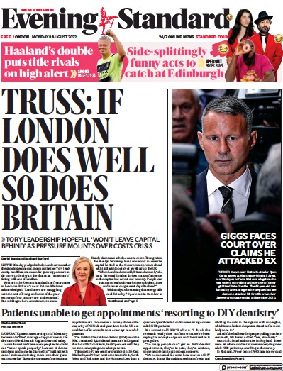 London Evening Standard Newspaper Front Page (UK) for 9 August 2022