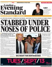 London Evening Standard Newspaper Front Page (UK) for 9 September 2011
