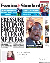 London Evening Standard (UK) Newspaper Front Page for 9 September 2019