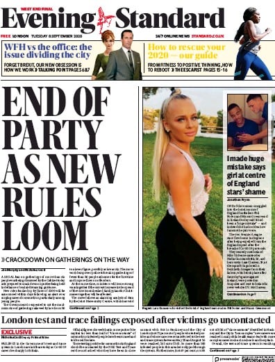 London Evening Standard Newspaper Front Page (UK) for 9 September 2020