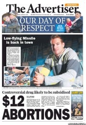 The Advertiser (Australia) Newspaper Front Page for 26 April 2013