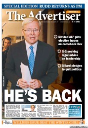 The Advertiser (Australia) Newspaper Front Page for 27 June 2013