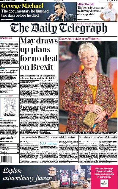 The Daily Telegraph Newspaper Front Page (UK) for 10 October 2017