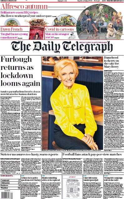 The Daily Telegraph Newspaper Front Page (UK) for 10 October 2020