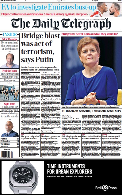 The Daily Telegraph Newspaper Front Page (UK) for 10 October 2022