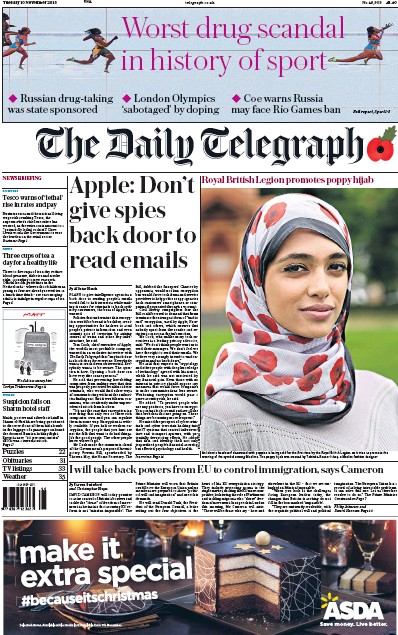 The Daily Telegraph Newspaper Front Page (UK) for 10 November 2015