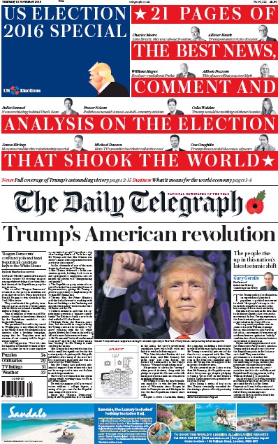 The Daily Telegraph Newspaper Front Page (UK) for 10 November 2016