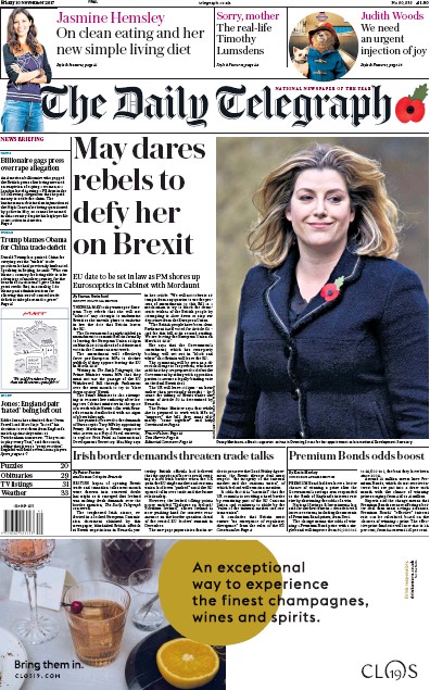 The Daily Telegraph Newspaper Front Page (UK) for 10 November 2017