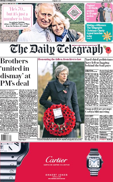 The Daily Telegraph Newspaper Front Page (UK) for 10 November 2018
