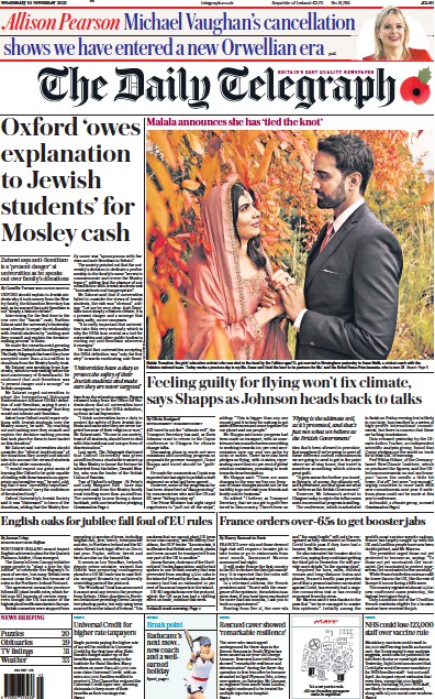 The Daily Telegraph Newspaper Front Page (UK) for 10 November 2021