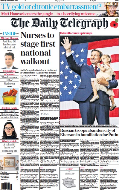 The Daily Telegraph Newspaper Front Page (UK) for 10 November 2022