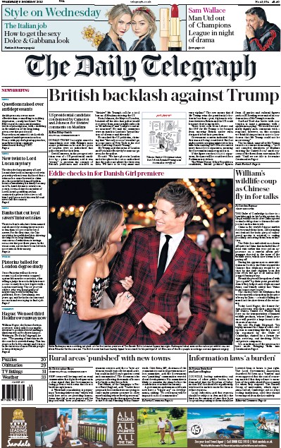 The Daily Telegraph Newspaper Front Page (UK) for 10 December 2015