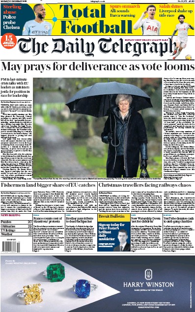 The Daily Telegraph Newspaper Front Page (UK) for 10 December 2018
