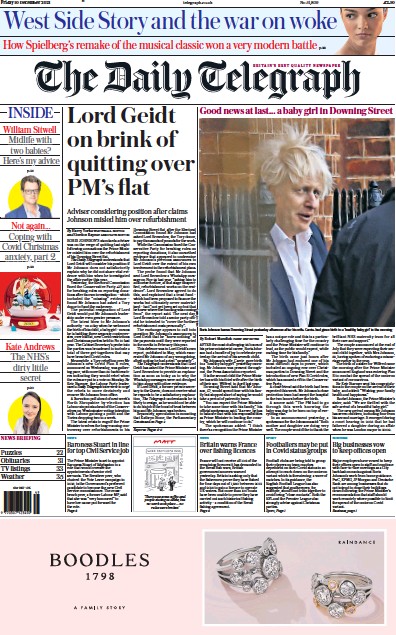 The Daily Telegraph Newspaper Front Page (UK) for 10 December 2021