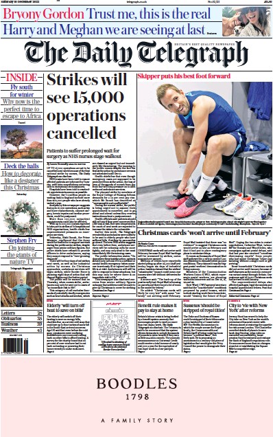 The Daily Telegraph Newspaper Front Page (UK) for 10 December 2022