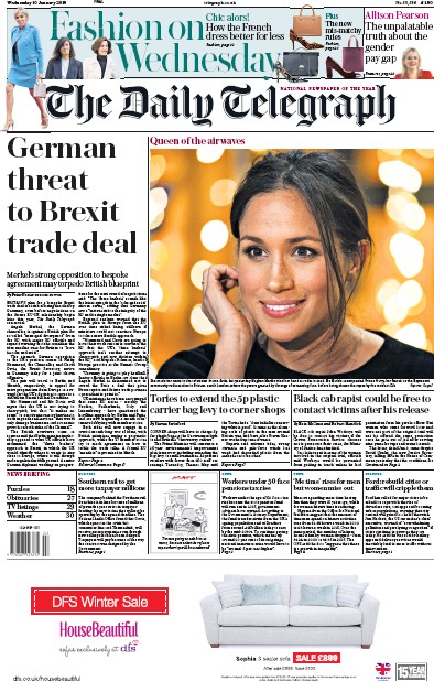 The Daily Telegraph Newspaper Front Page (UK) for 10 January 2018
