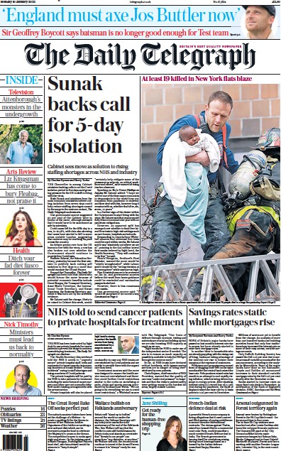 The Daily Telegraph Newspaper Front Page (UK) for 10 January 2022