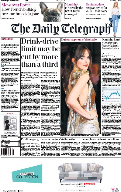The Daily Telegraph Newspaper Front Page (UK) for 10 February 2016