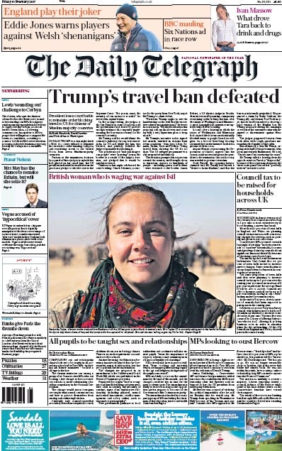 The Daily Telegraph Newspaper Front Page (UK) for 10 February 2017