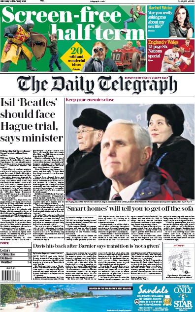 The Daily Telegraph Newspaper Front Page (UK) for 10 February 2018