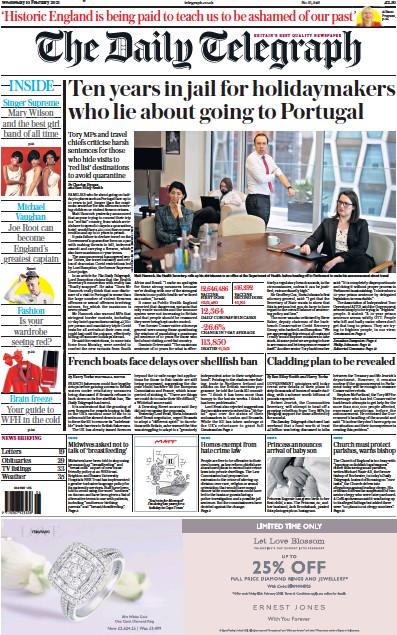 The Daily Telegraph Newspaper Front Page (UK) for 10 February 2021