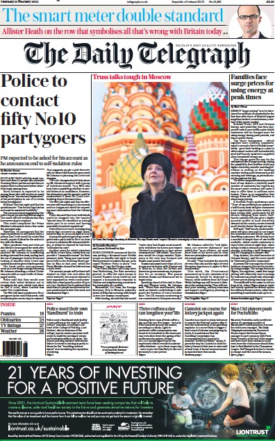 The Daily Telegraph Newspaper Front Page (UK) for 10 February 2022
