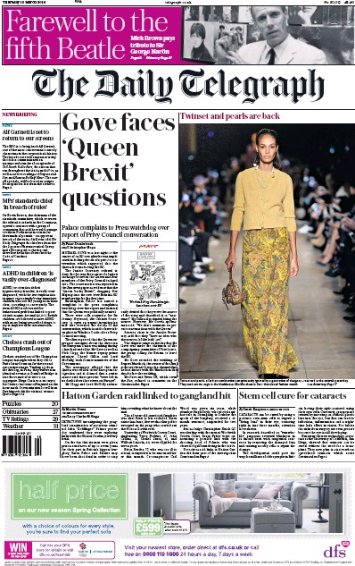 The Daily Telegraph Newspaper Front Page (UK) for 10 March 2016