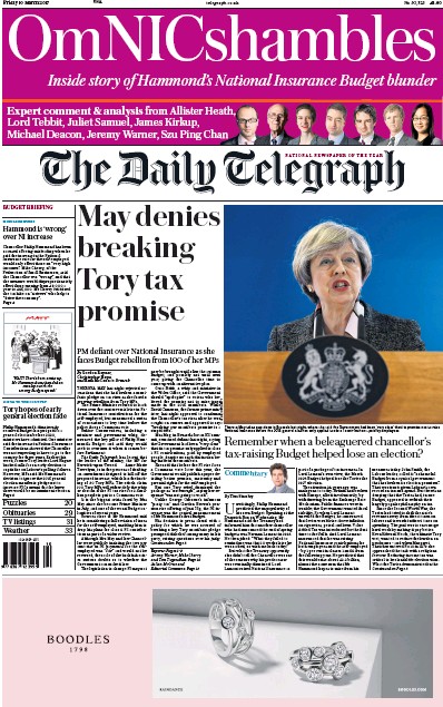 The Daily Telegraph Newspaper Front Page (UK) for 10 March 2017