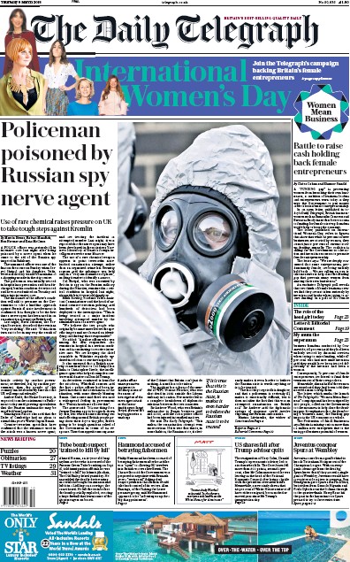 The Daily Telegraph Newspaper Front Page (UK) for 10 March 2018